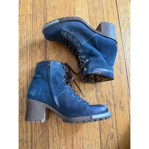 FLY London Boots Womens Size 8 Blue Leather Suede Lace Up Ankle Zip P143689003 - Picture 1 of 11